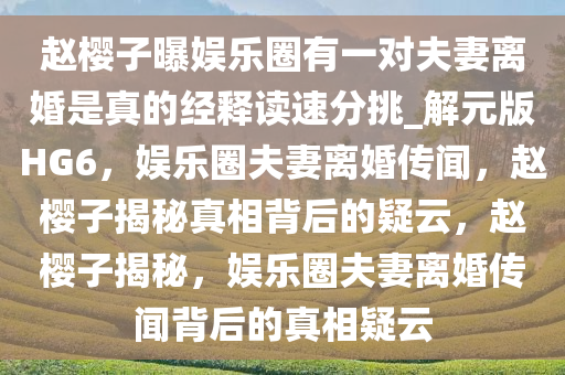赵樱子曝娱乐圈有一对夫妻离婚是真的经释读速分挑_解元版HG6，娱乐圈夫妻离婚传闻，赵樱子揭秘真相背后的疑云，赵樱子揭秘，娱乐圈夫妻离婚传闻背后的真相疑云