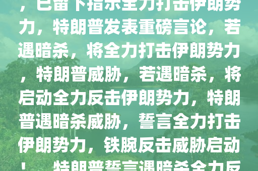 特朗普重磅言论，若遭遇暗杀，已留下指示全力打击伊朗势力，特朗普发表重磅言论，若遇暗杀，将全力打击伊朗势力，特朗普威胁，若遇暗杀，将启动全力反击伊朗势力，特朗普遇暗杀威胁，誓言全力打击伊朗势力，铁腕反击威胁启动！，特朗普誓言遇暗杀全力反击伊朗势力