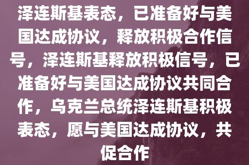 泽连斯基表态，已准备好与美国达成协议，释放积极合作信号，泽连斯基释放积极信号，已准备好与美国达成协议共同合作，乌克兰总统泽连斯基积极表态，愿与美国达成协议，共促合作