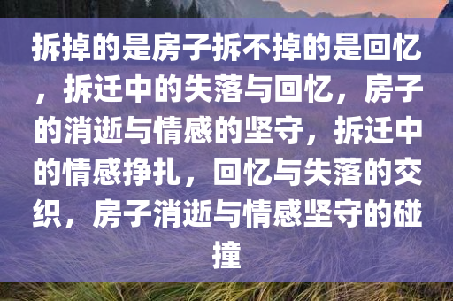 拆掉的是房子拆不掉的是回忆，拆迁中的失落与回忆，房子的消逝与情感的坚守，拆迁中的情感挣扎，回忆与失落的交织，房子消逝与情感坚守的碰撞